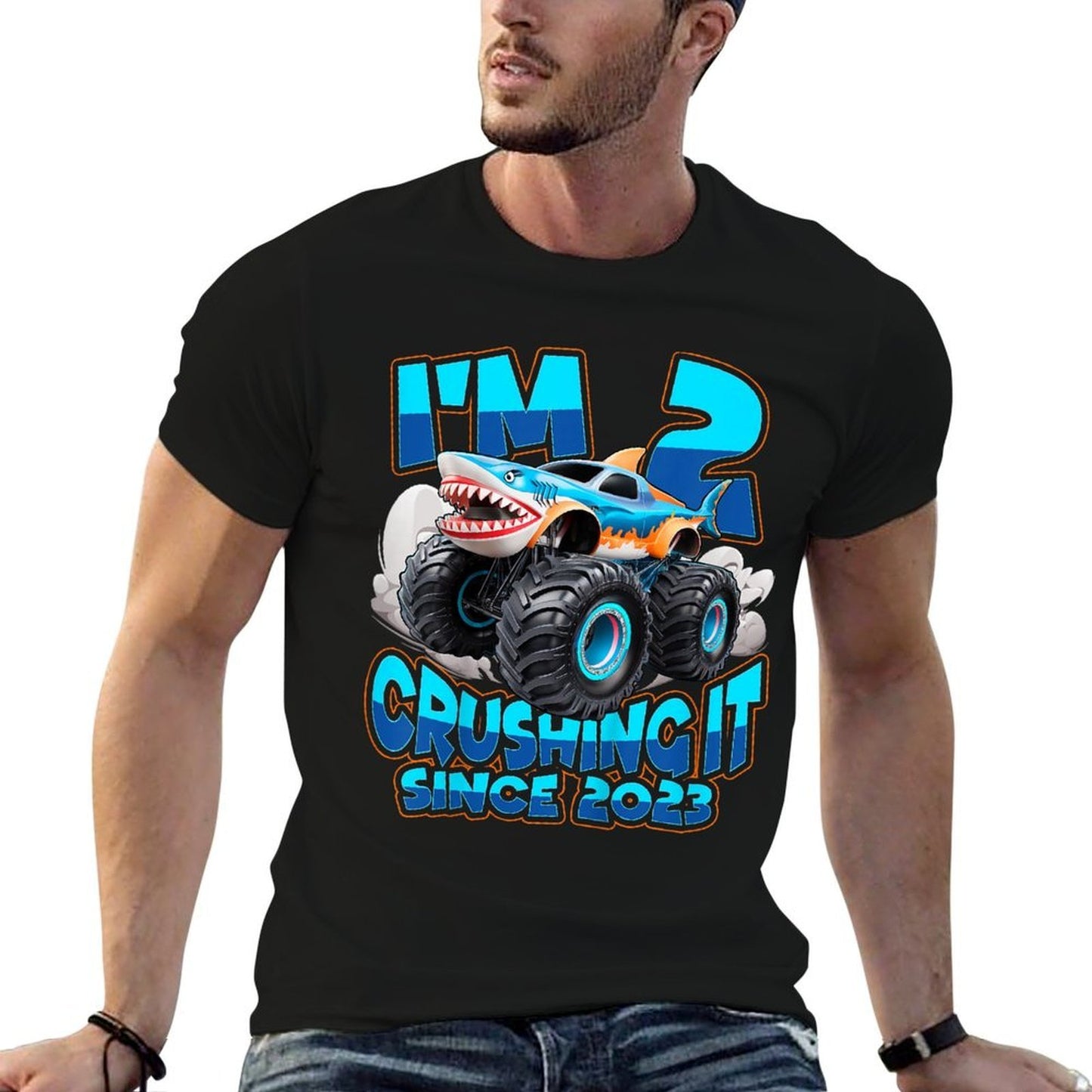 Kids 2 Years Old Boys 2nd Shark Monster Truck Birthday Party Trendy Pattern T-Shirt
