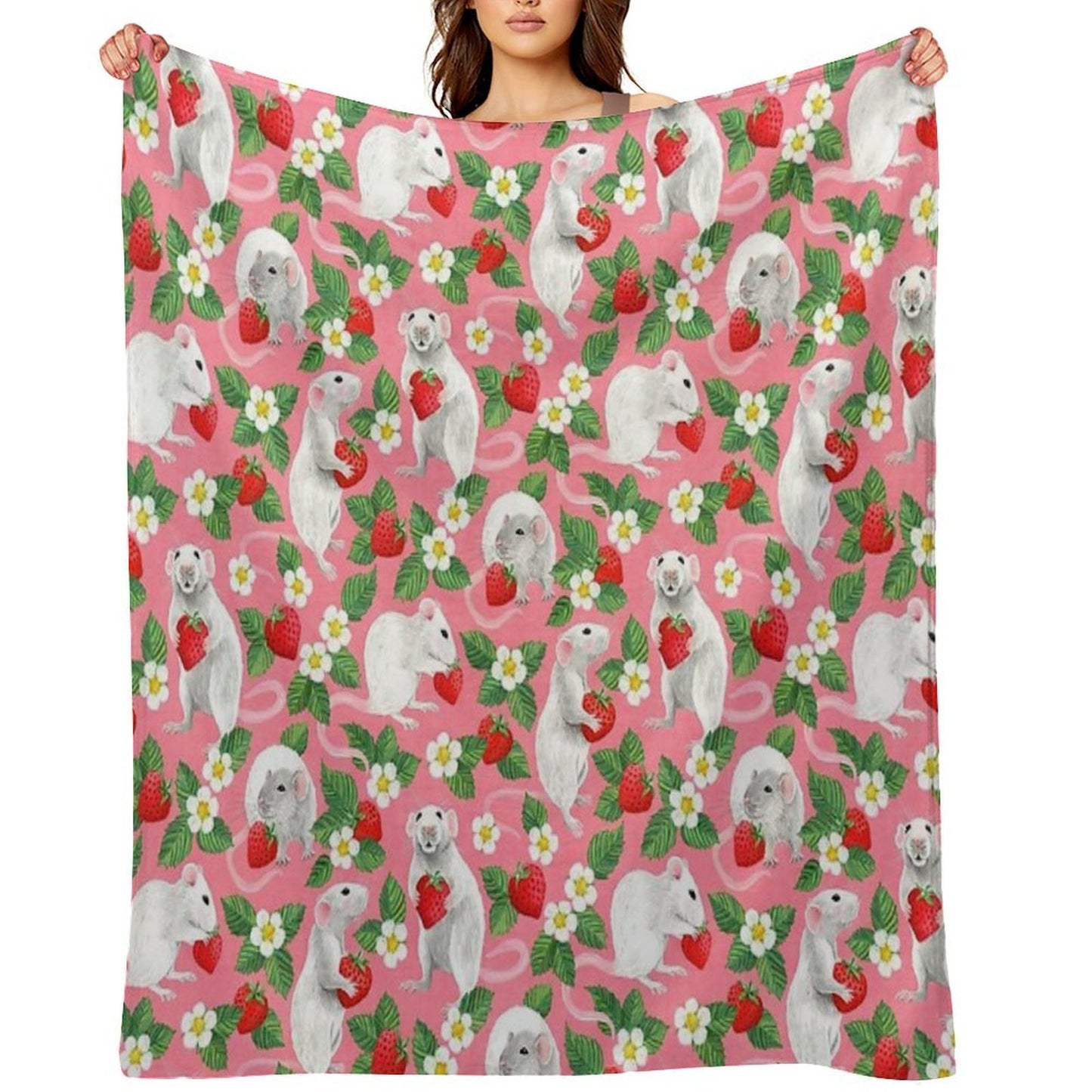 Rats Love Strawberries on Bright Pink Comfort Throw Blanket