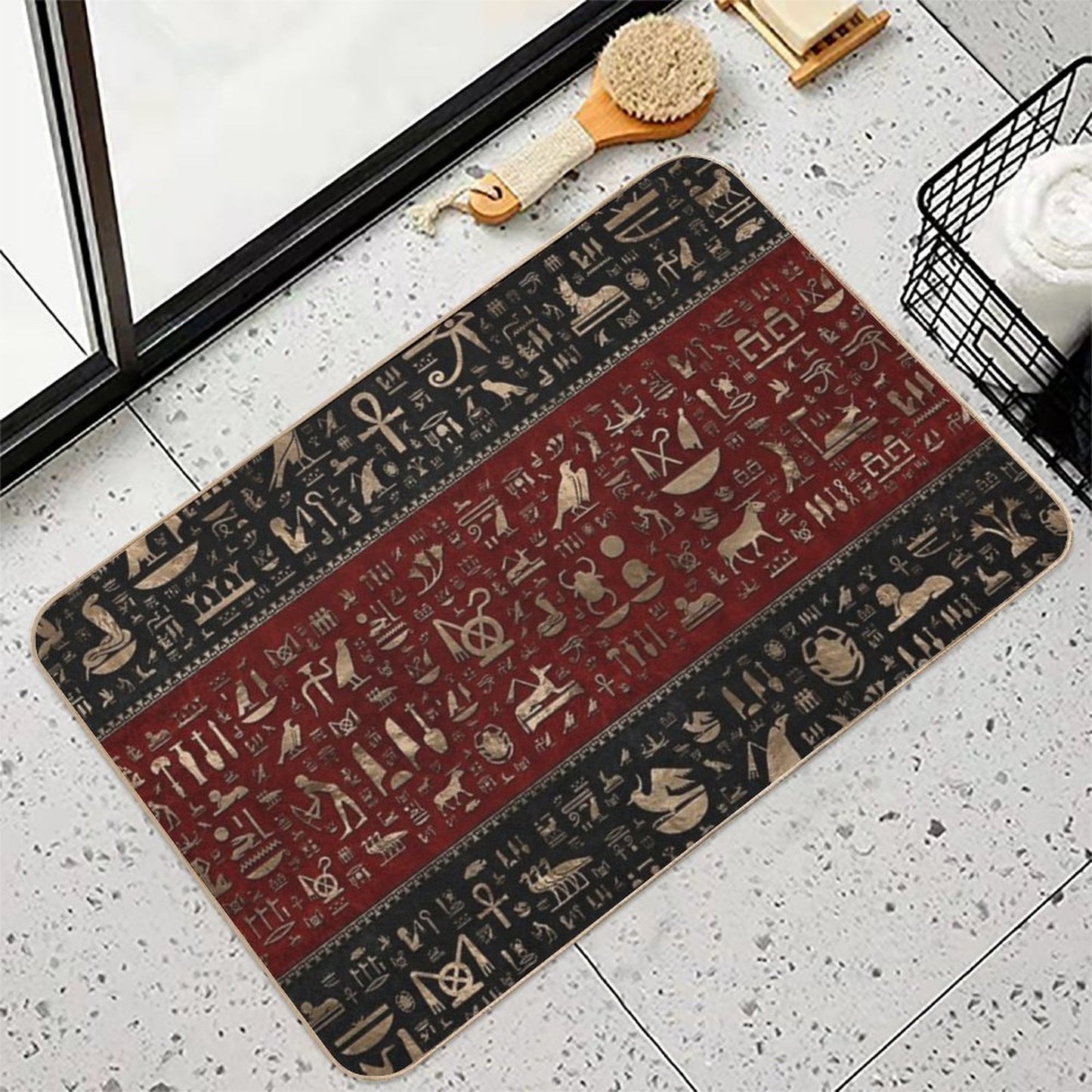 Ancient Egyptian Hieroglyphs - Black And Red Leather And Gold Rapid-Drying Bath Mat