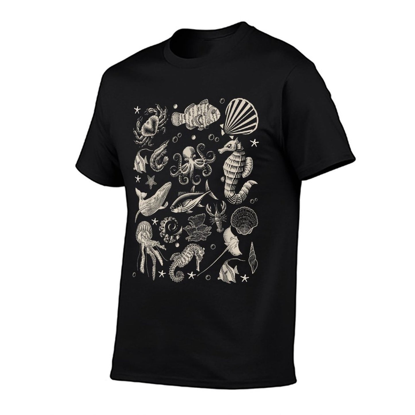 Vintage Ocean Wildlife Shark Turtle Octopus Stretchy T-Shirt