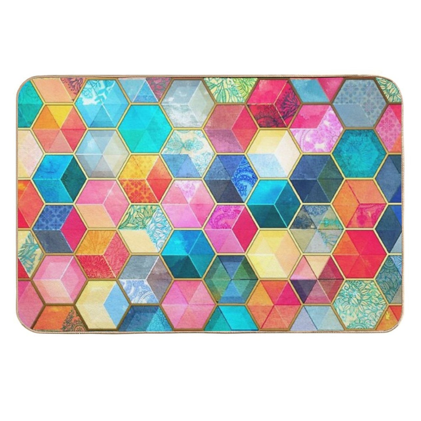 Crystal Bohemian Honeycomb Cubes - Colorful Hexagon Pattern Non-Slip Bath Mat