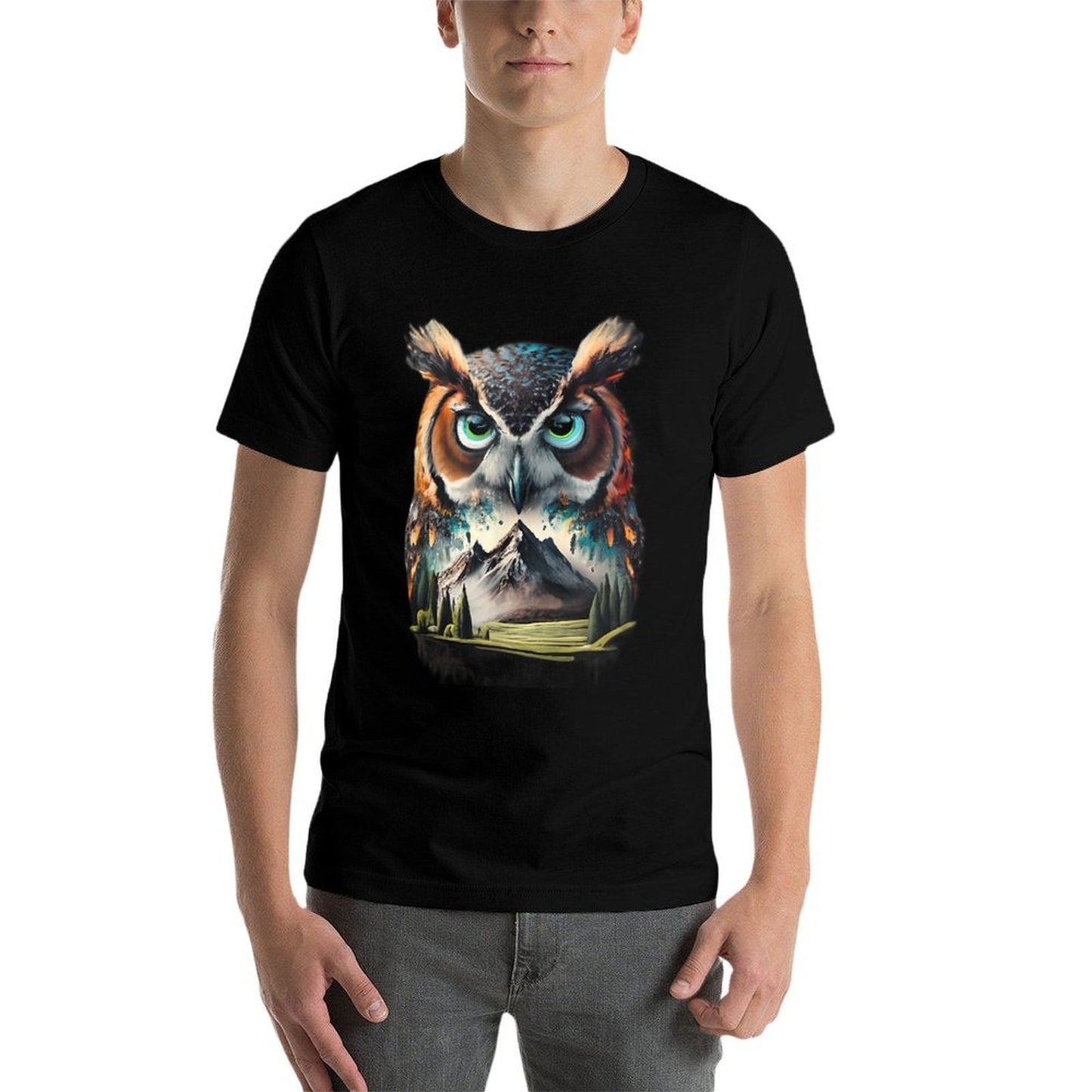 Abstract Owl Mountain Realistic Animal Nature Tagless Design T-Shirt
