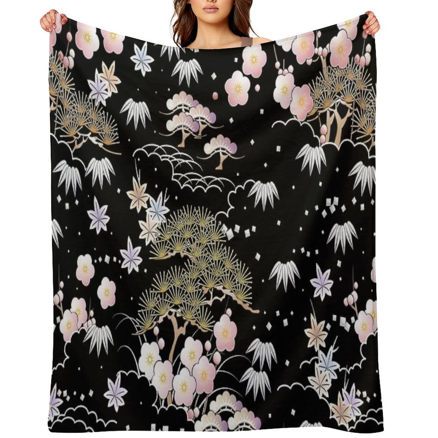 Japanese Floral Machine-washable Throw Blanket