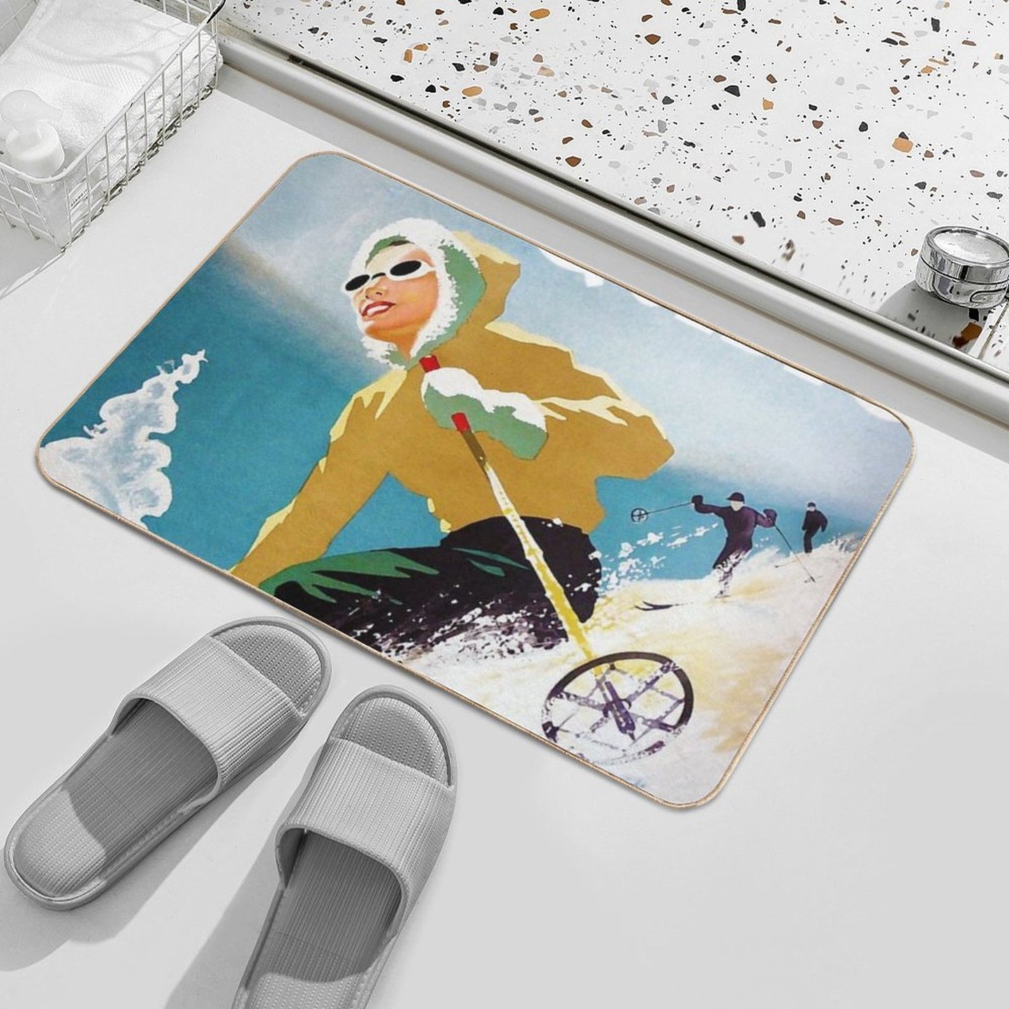 Vintage Ski Poster, Woman Skiing in Quebec Rapid-Drying Bath Mat