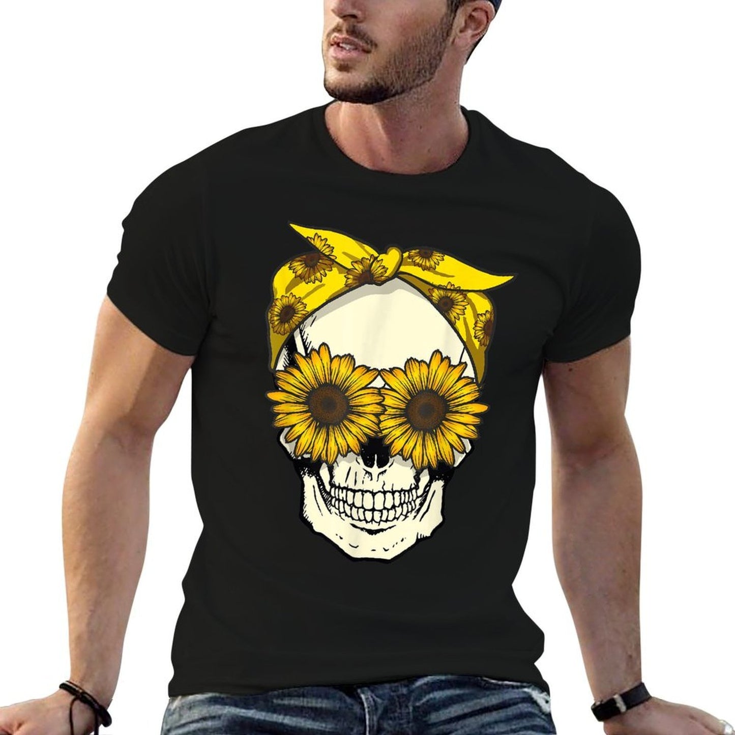 Skull Sunflower Bandana Floral Sun Flowers Pattern Cute Goth Slim-fit Cut T-Shirt