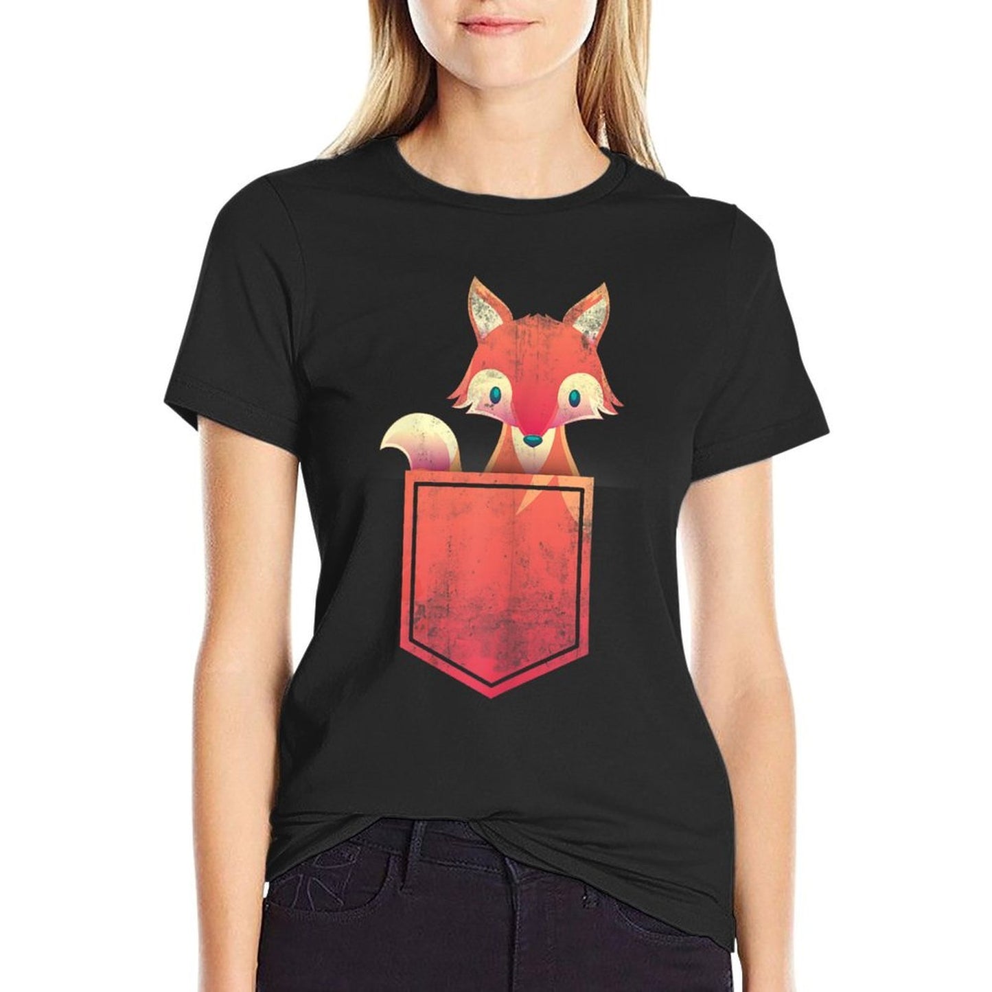 Cute Pocket Forest Animal Lover Kids Gift Wildlife Fox Ribbed Collar T-Shirt