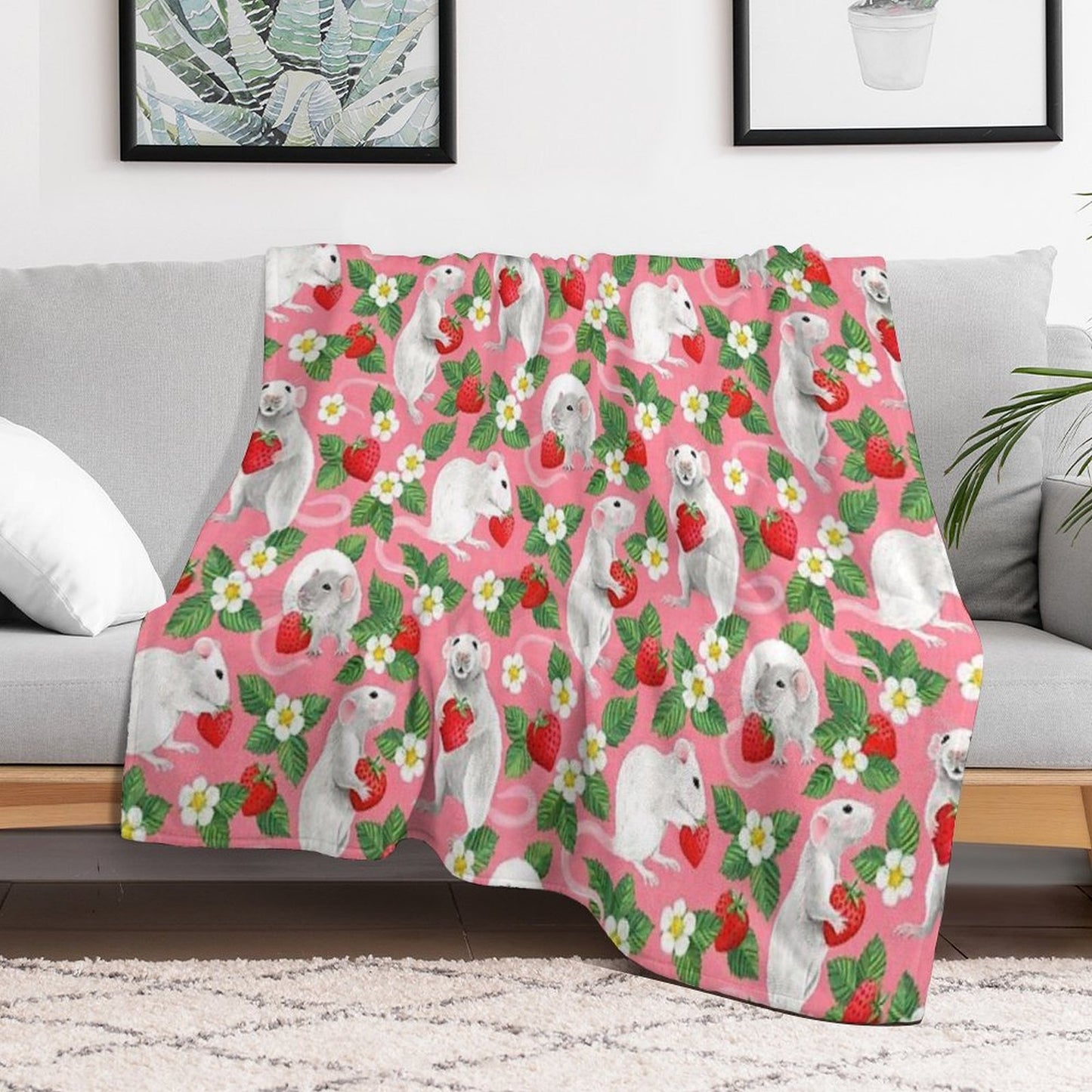 Rats Love Strawberries on Bright Pink Comfort Throw Blanket