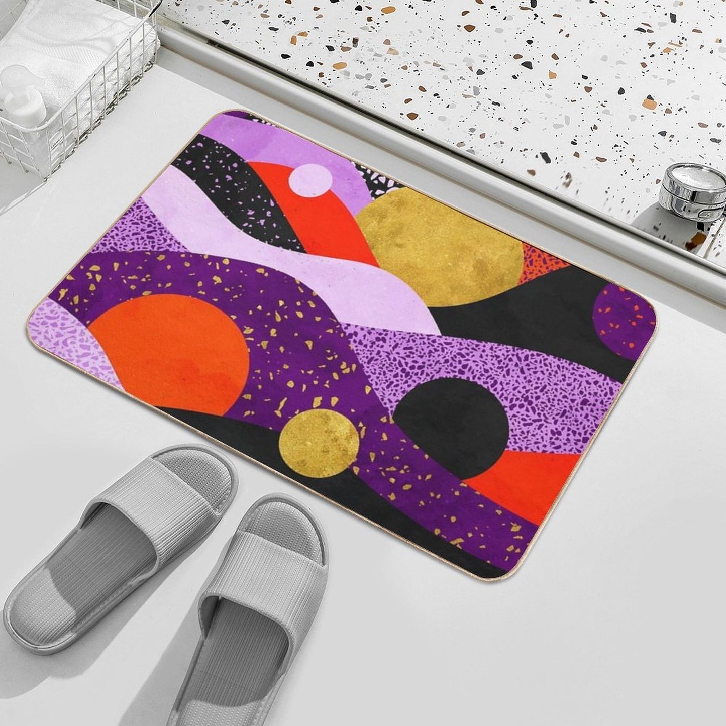 Terrazzo Galaxy Purple Orange Gold Easy Maintenance Bath Mat