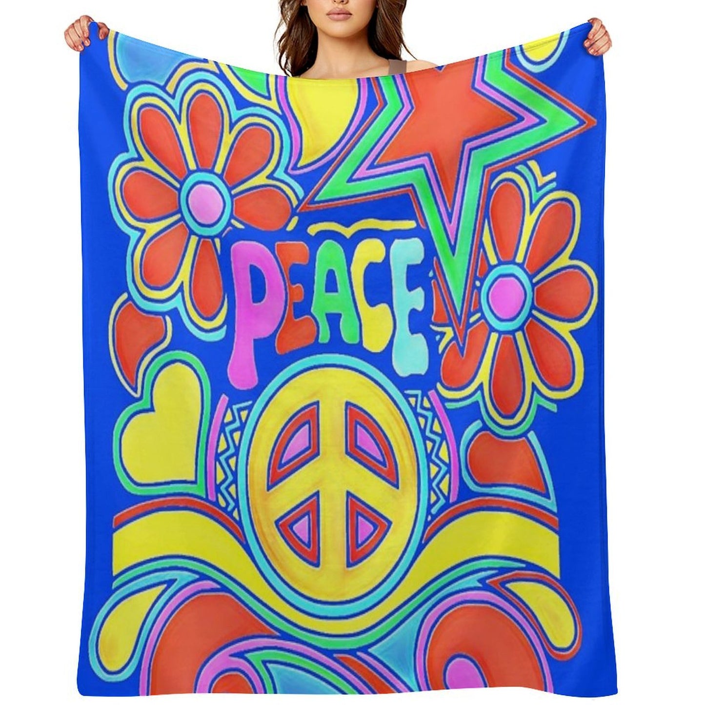 Peace And Love Flower Power Hippy Design Premium Throw Blanket