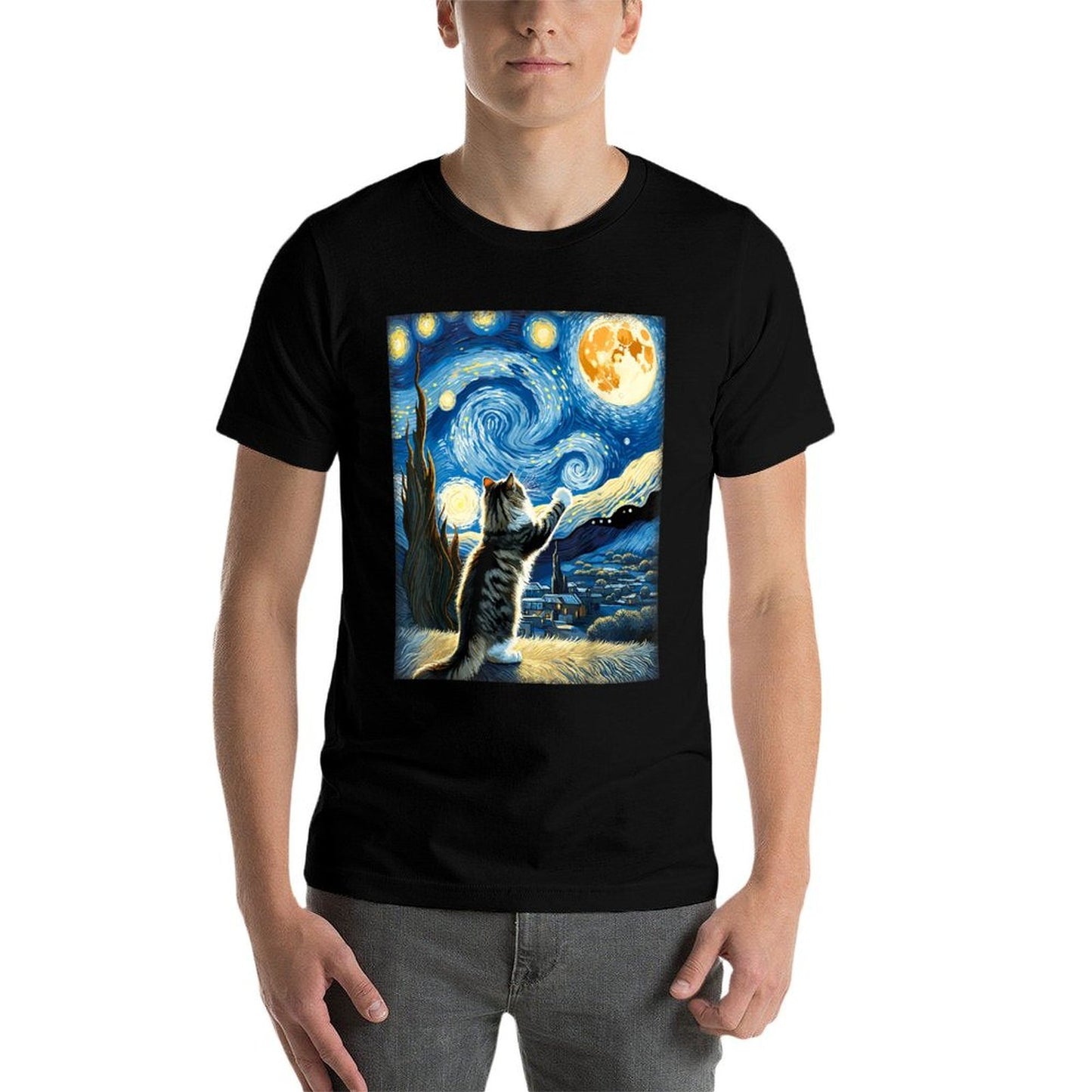 Van Gogh Starry Night Style Artistic Norwegian Forest Cat Durable T-Shirt