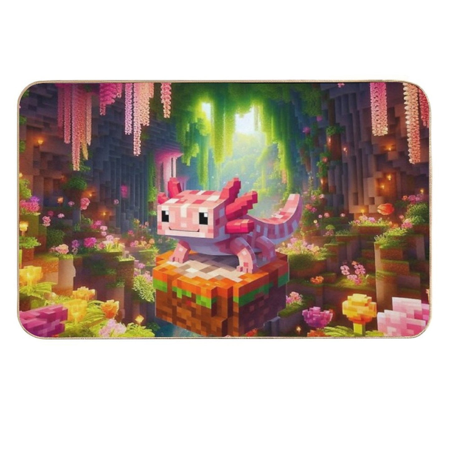 Cute Pink Minecraft Axolotl on Block Slip-Resistant Bath Mat