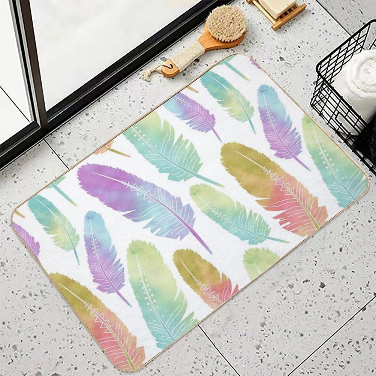 Boho Feather Pattern Watercolor Rainbow Non-Slip Bath Mat