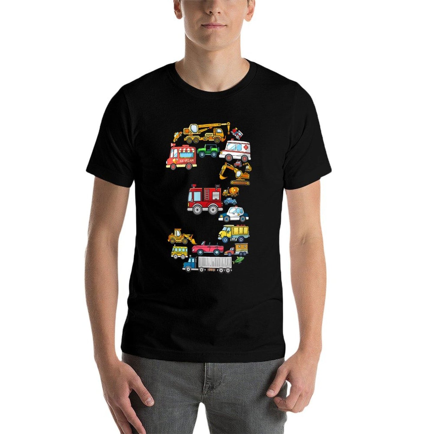 3rd Birthday 3 Year Old Transportation Cars Fire Truck Polyester Blend T-Shirt
