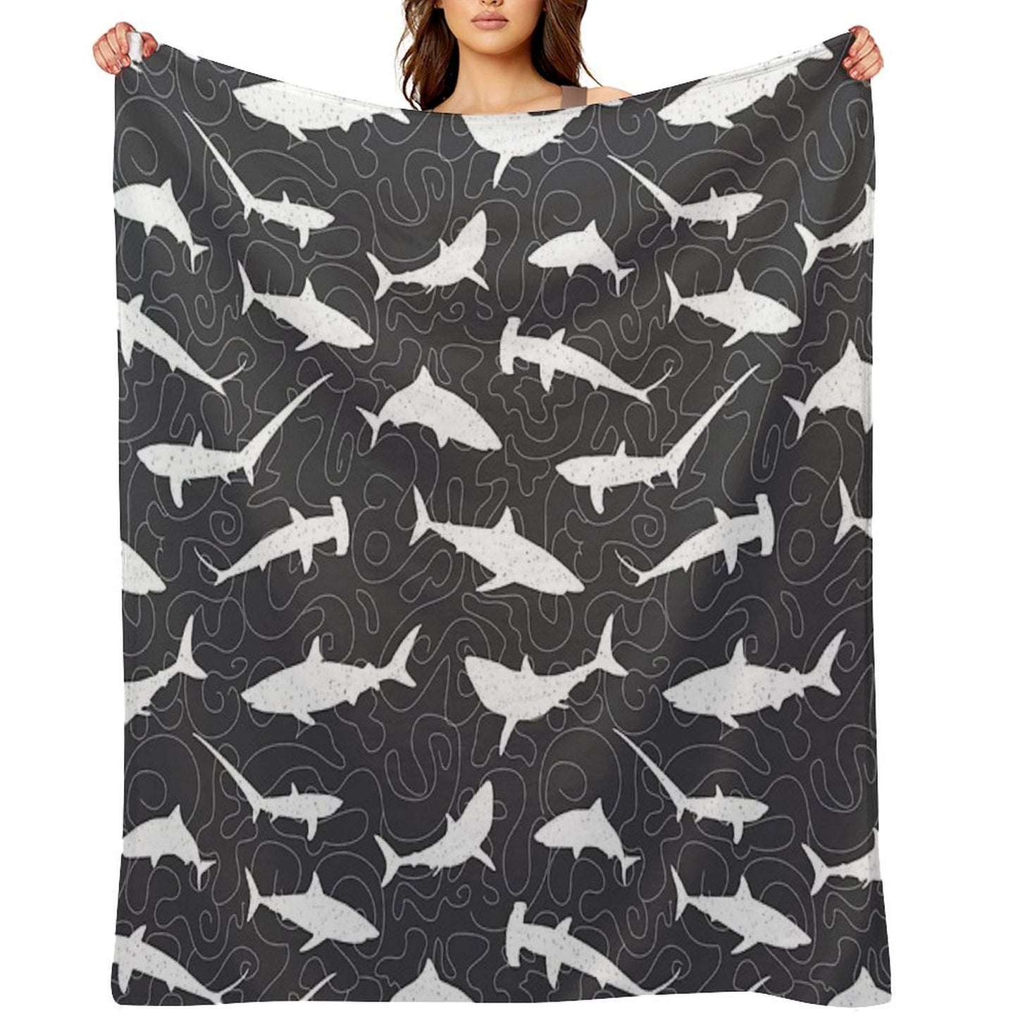 Shark Frenzy Pattern on Charcoal Grey Easy Care Throw Blanket