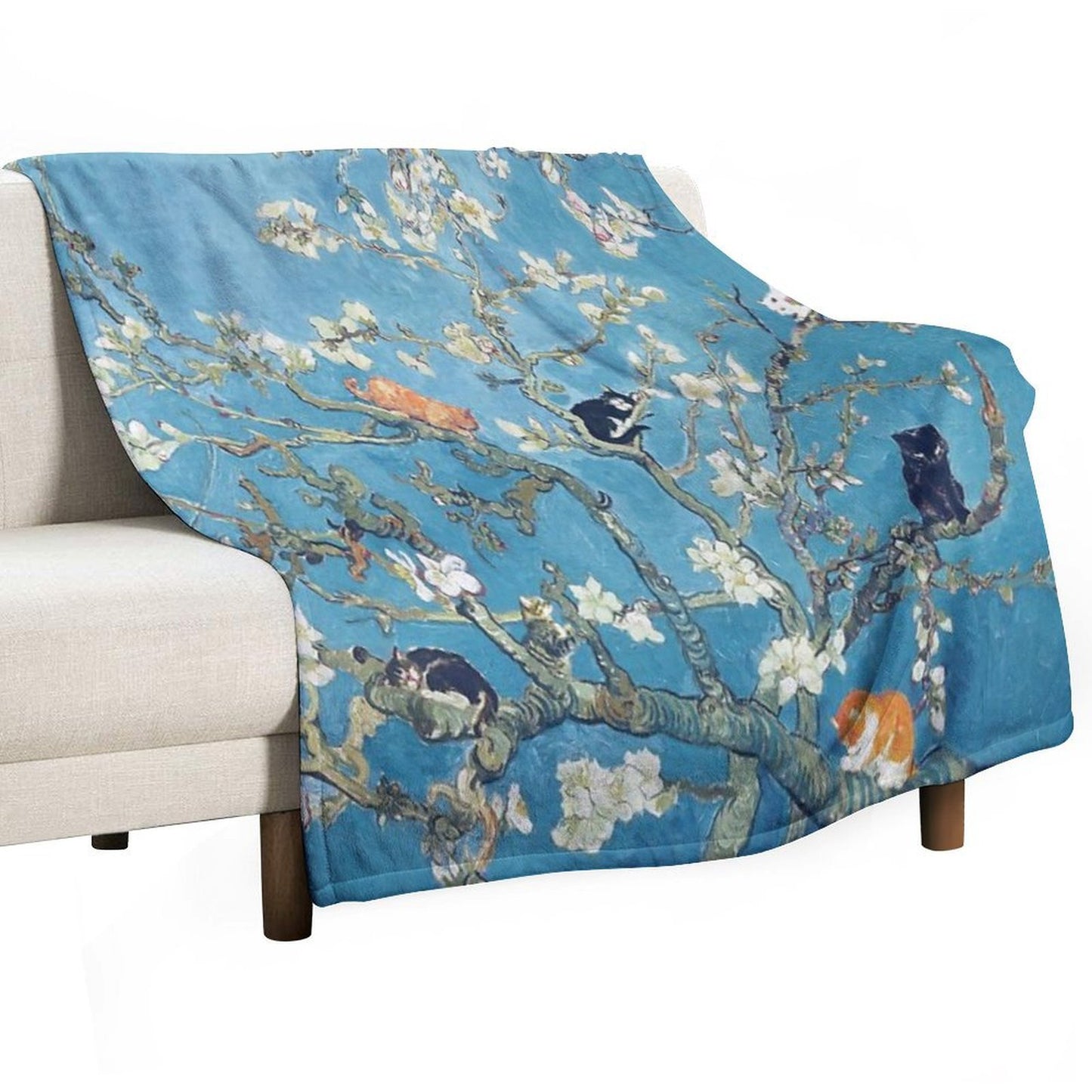 Funny Cat in Almond Blossom by Van Gogh Velvety-soft Throw Blanket