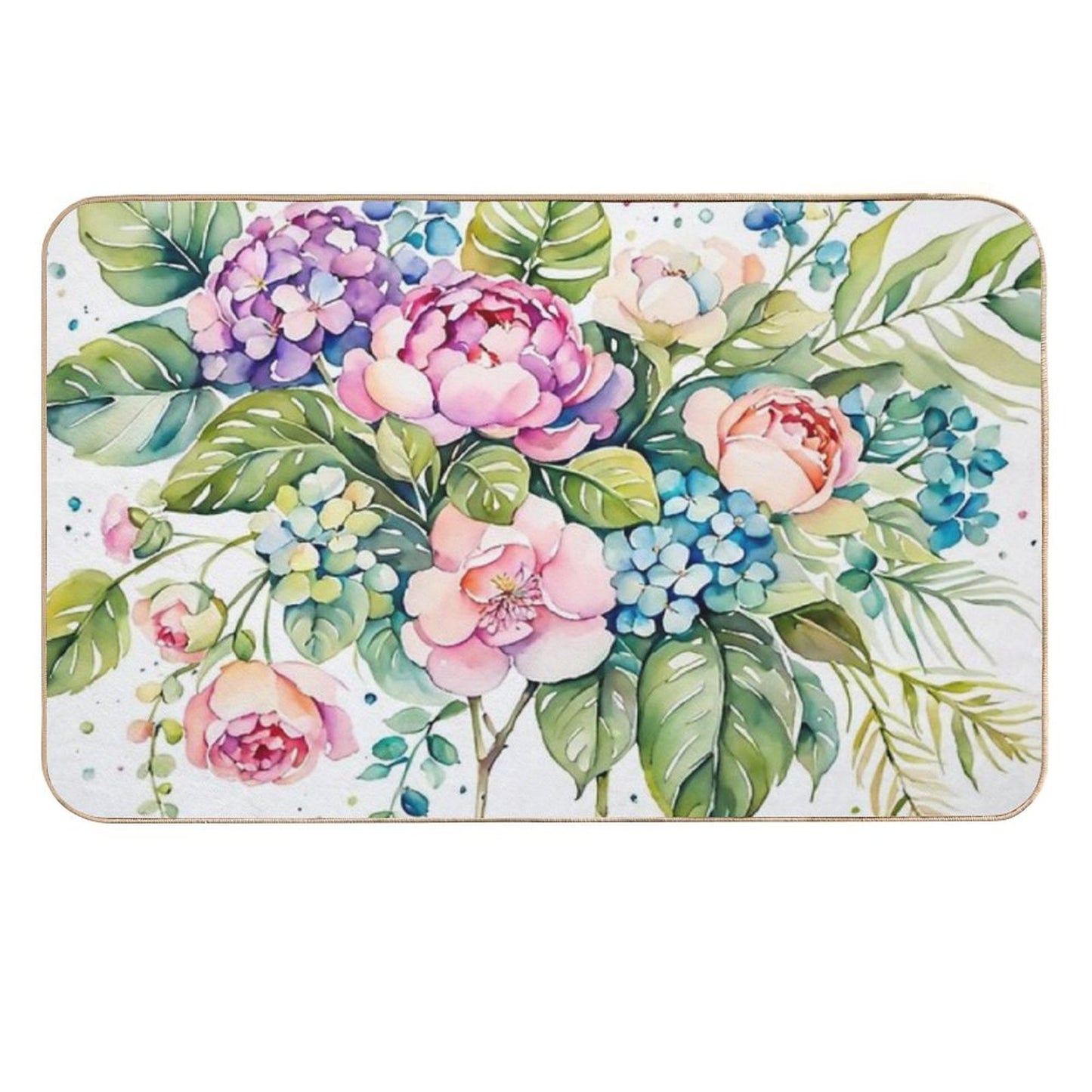 Beautiful Flower And Plant in Loose Watercolor Painting - Monstera Leaves- Blue Purple Peach Hydrangea, Hortensia, Peony And Ros Pet-Safe Bath Mat