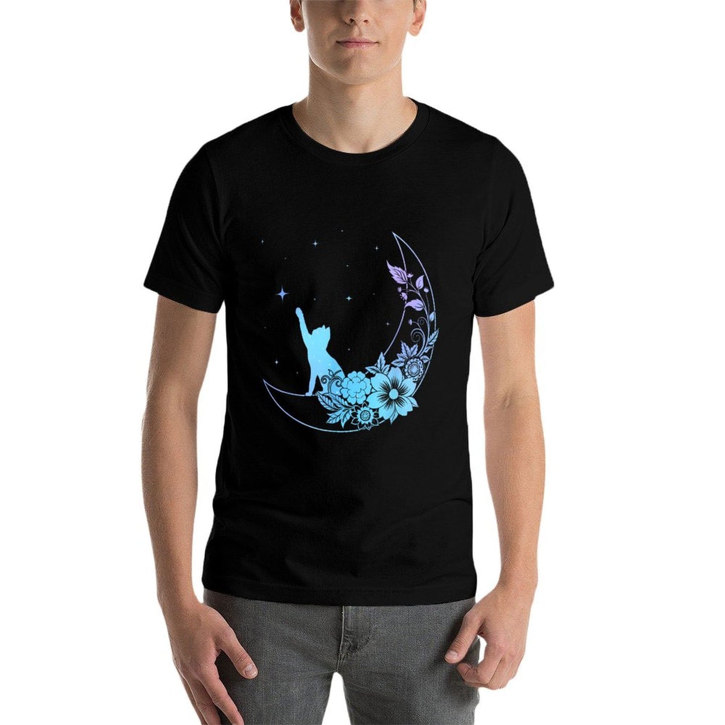 Cat Sitting On Crescent Moon Flowers Stars Women Girls Kids Durable T-Shirt