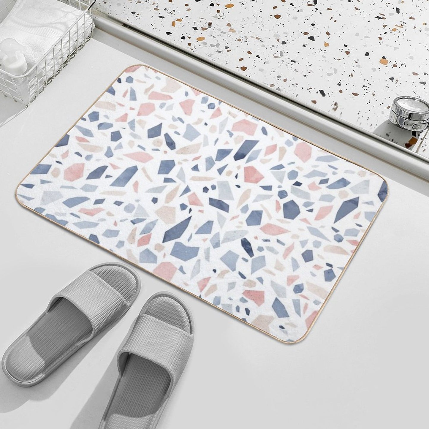 Vintage Pastel Blue Pink Beige Geometric Terrazzo Pattern Rapid-Drying Bath Mat