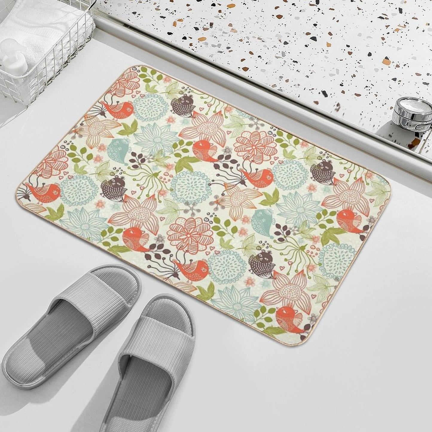 Doodle Birds in Flowers Durable Bath Mat