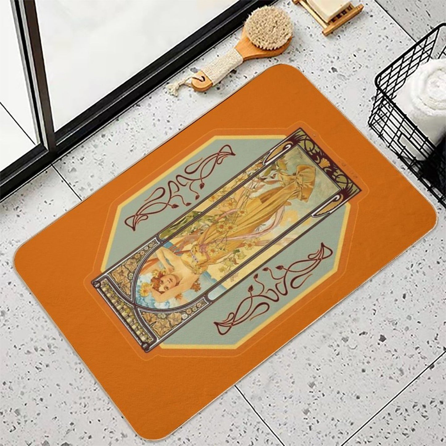 Vintage Art Nouveau Woman with Flowers Easy Maintenance Bath Mat