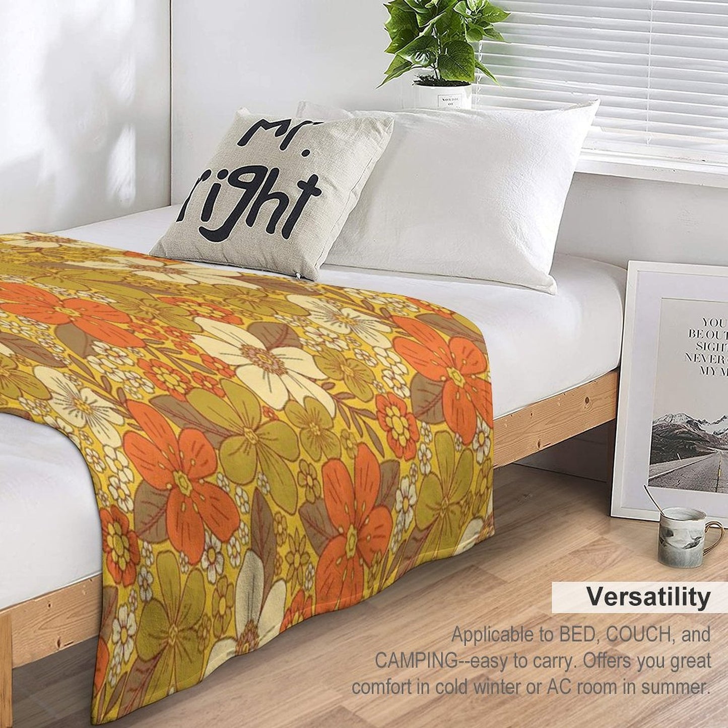 Retro 60s70s Orange & Olive Green Floral Easy Care Throw Blanket