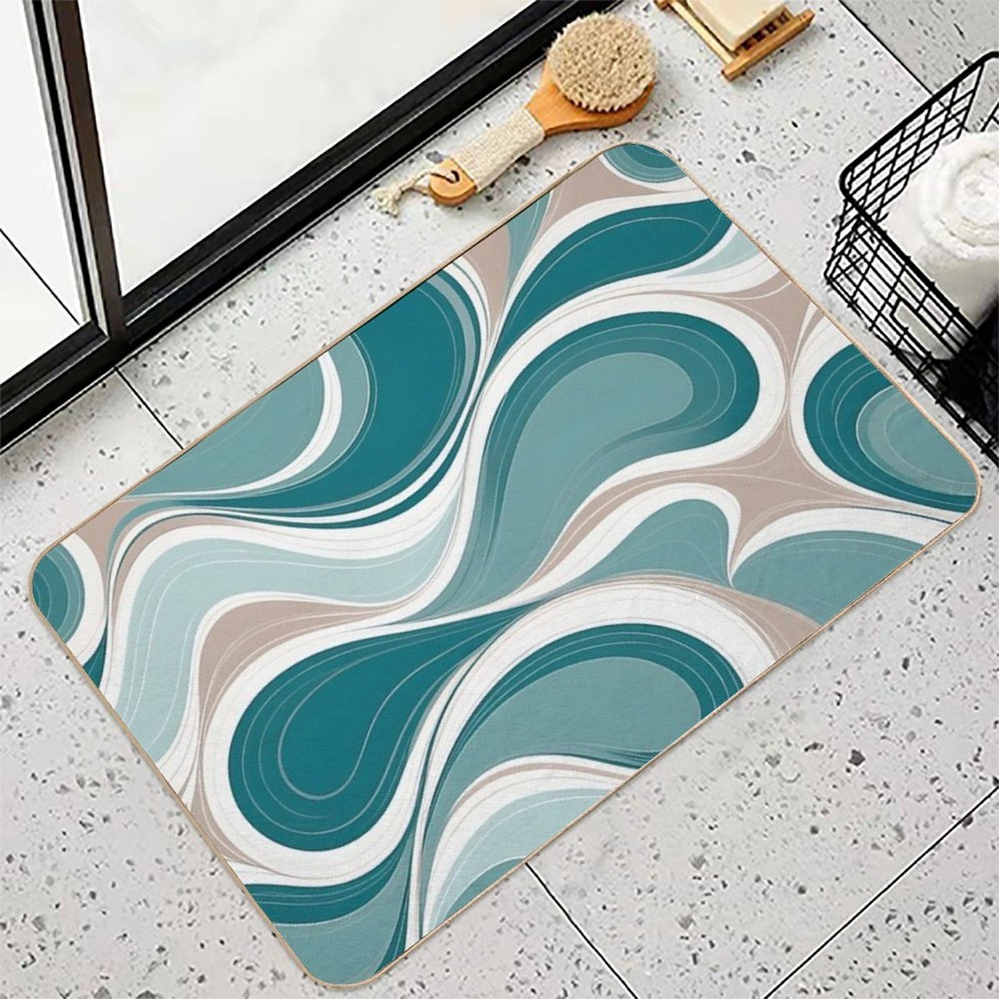 Copy of Mid Century Modern Liquid Swirl, Beige, Green #2 Repositionable Bath Mat