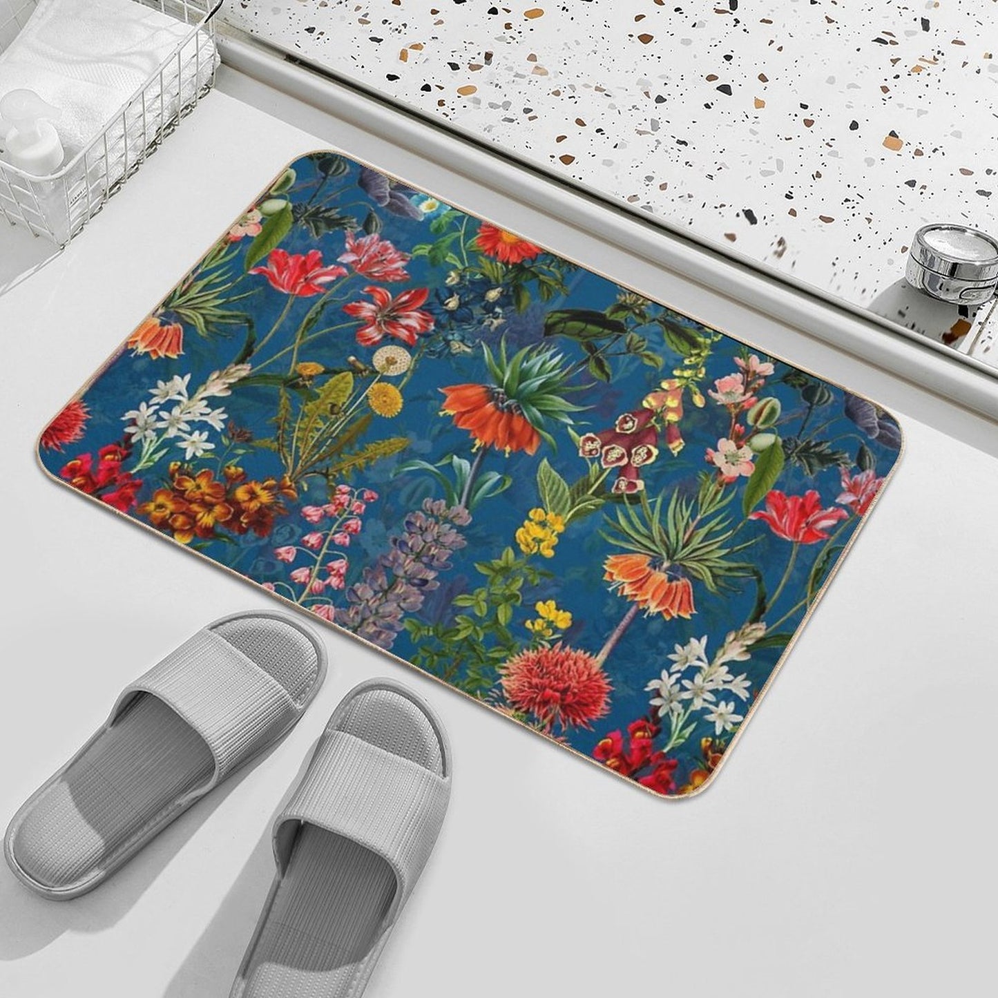 Vintage Blue Springflower Meadow Botanical Night Garden Odorless Bath Mat