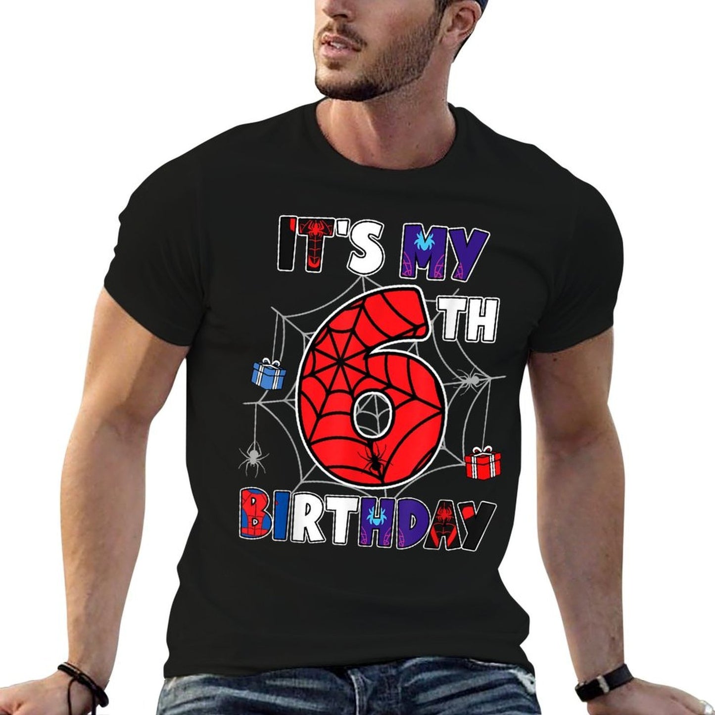 Kids It's My 6th Birthday Spider Theme Party 6 Year Old Fade-proof Color T-Shirt