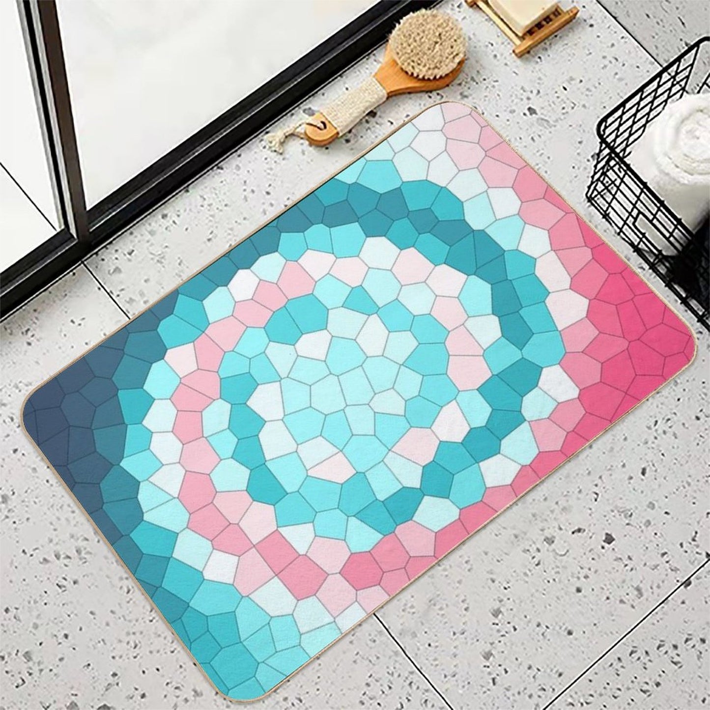 Teal, White And Pink Swirly Stained Glass Abstract Art Durable Bath Mat