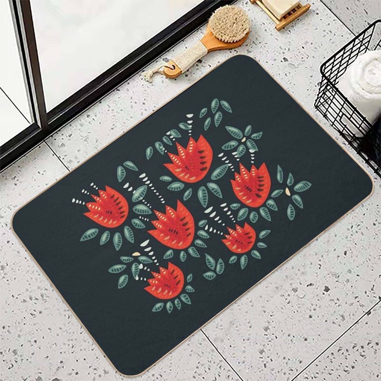 Beautiful Red Abstract Tulip Pattern Repositionable Bath Mat