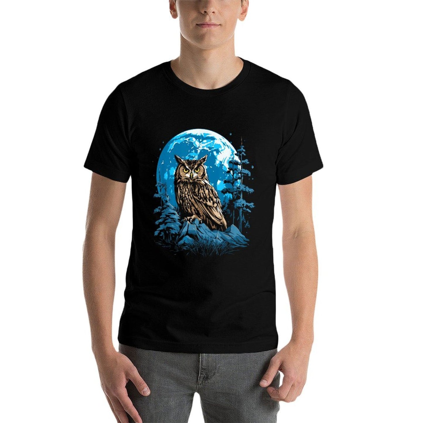Symbiosis Supply Co. Great Horned Owl Night Time Nature Art Abstract Graphic Unisex-Adult - Black - Small - Graphic-printed T-Shirt