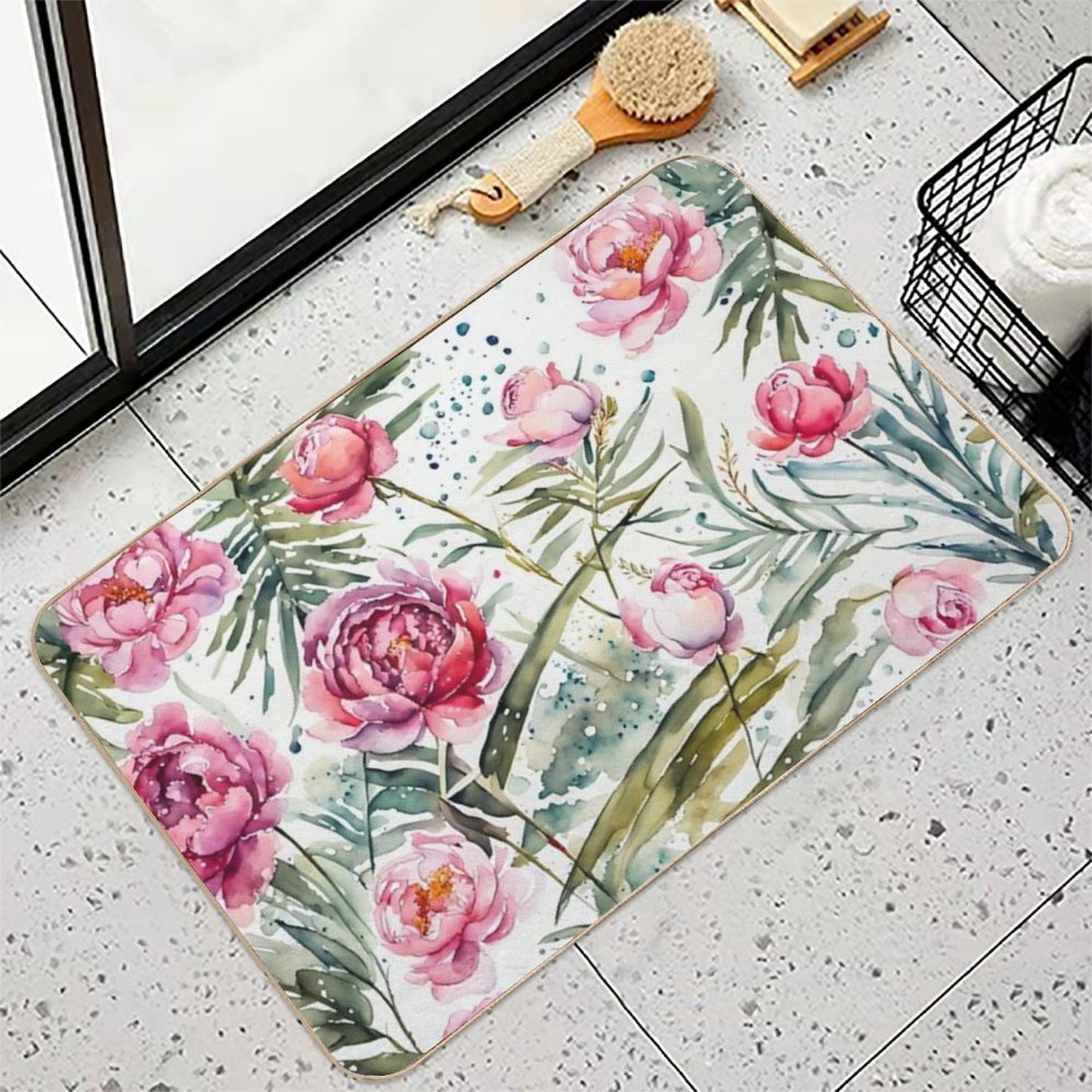 Beautiful Flower And Plant in Loose Watercolor Painting - Monstera Leaves. Peony And Rose Flowers in Soft Pastel Color Odorless Bath Mat