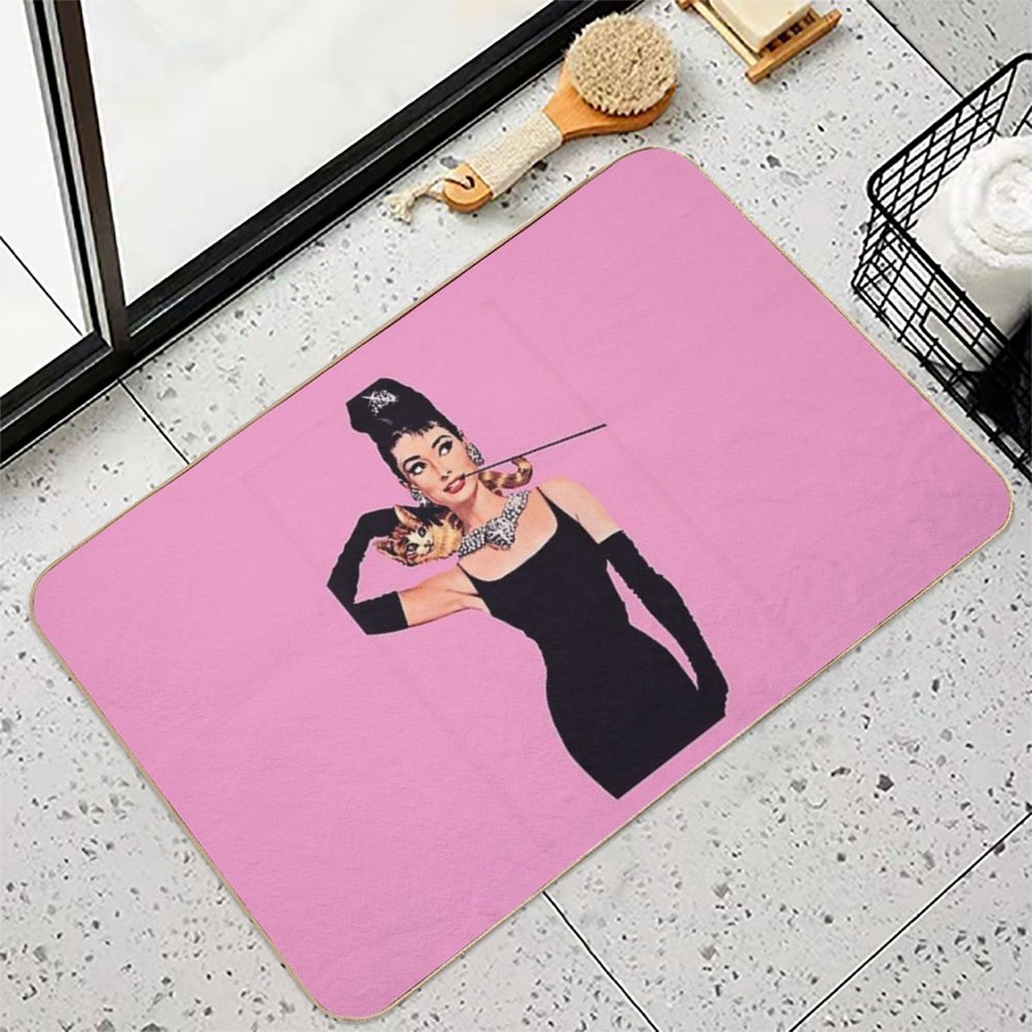 Audrey Hepburn ( Holly Golightly) Breakfast of Tiffany's with Cat Easy To Clean Bath Mat