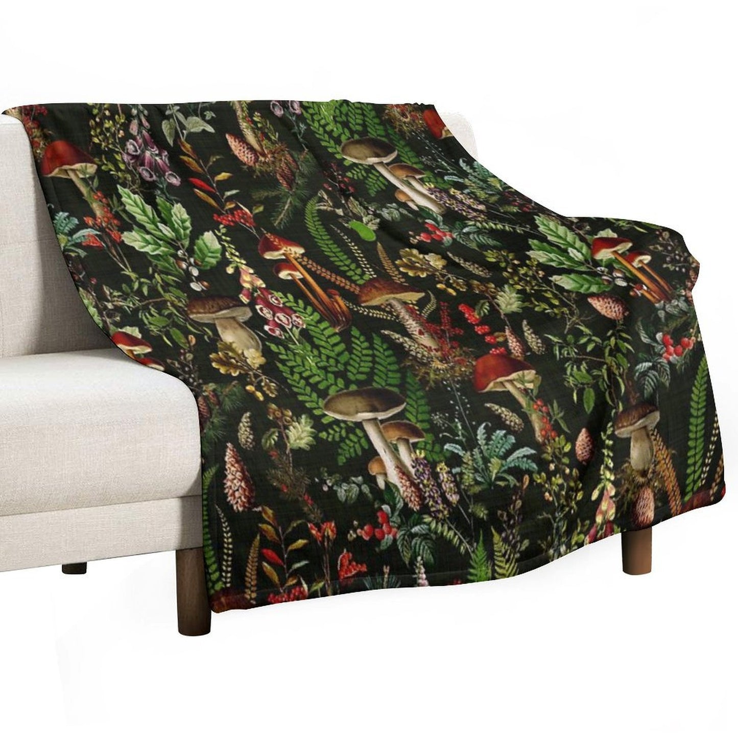 Vintage Mushrooms Forest Botanical Pattern - Black Botanical Night Garden Nightgarden Sustainable Throw Blanket