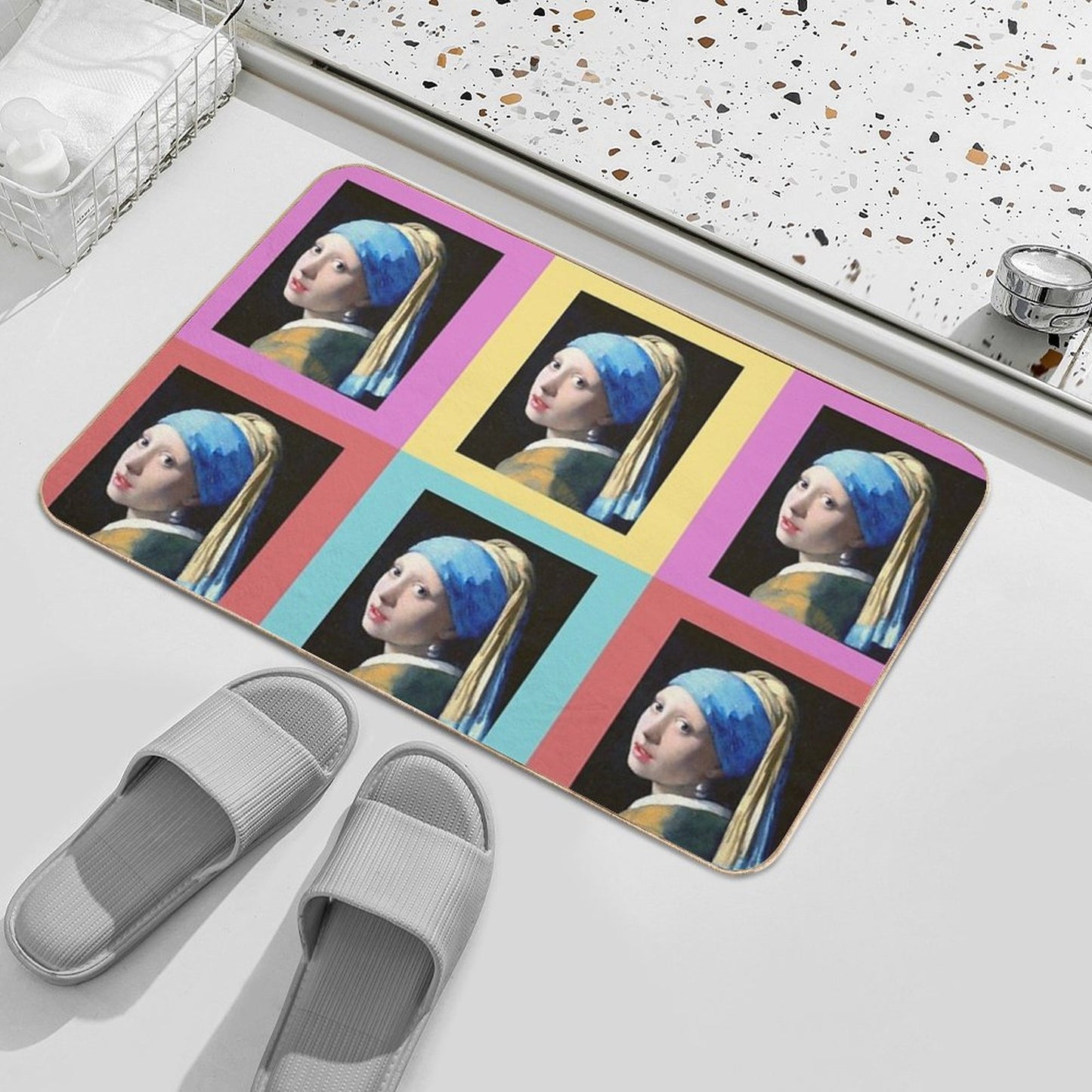 Girl With A Pearl Earring Pop Art Easy Maintenance Bath Mat