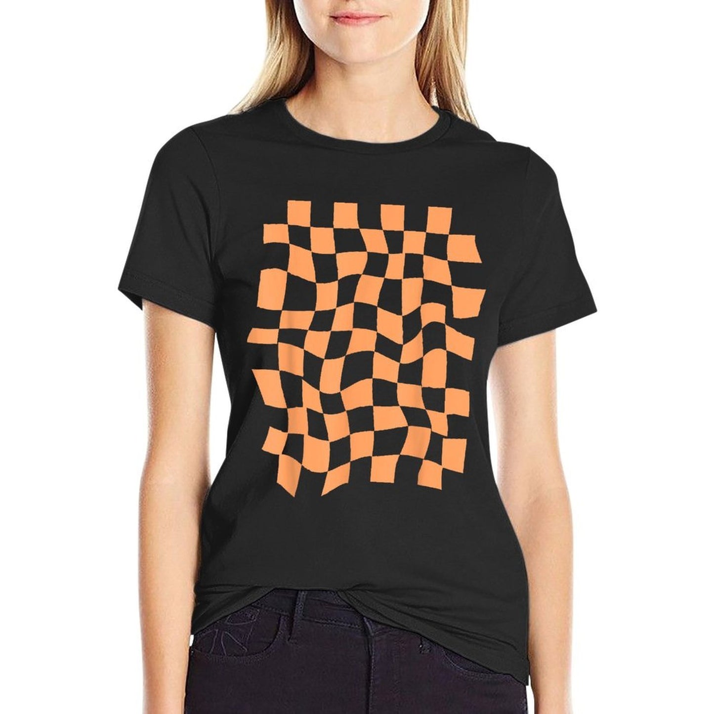 Wavy Checkered Light Orange Checkerboard Pattern Heathered Texture T-Shirt