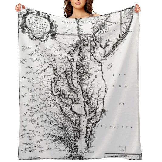 Vintage Map of The Chesapeake Bay (1719) BW Wrinkle-free Throw Blanket