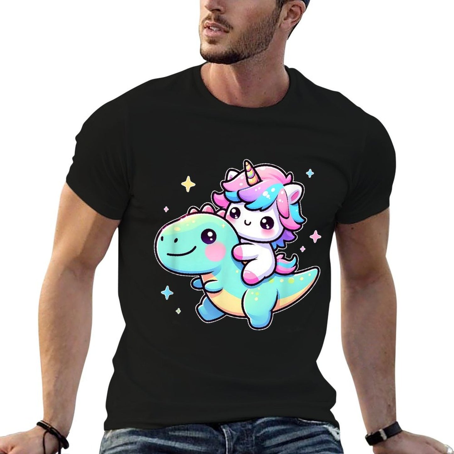 Adorable Kawaii Unicorn Rides Dinosaur Oversized Silhouette T-Shirt