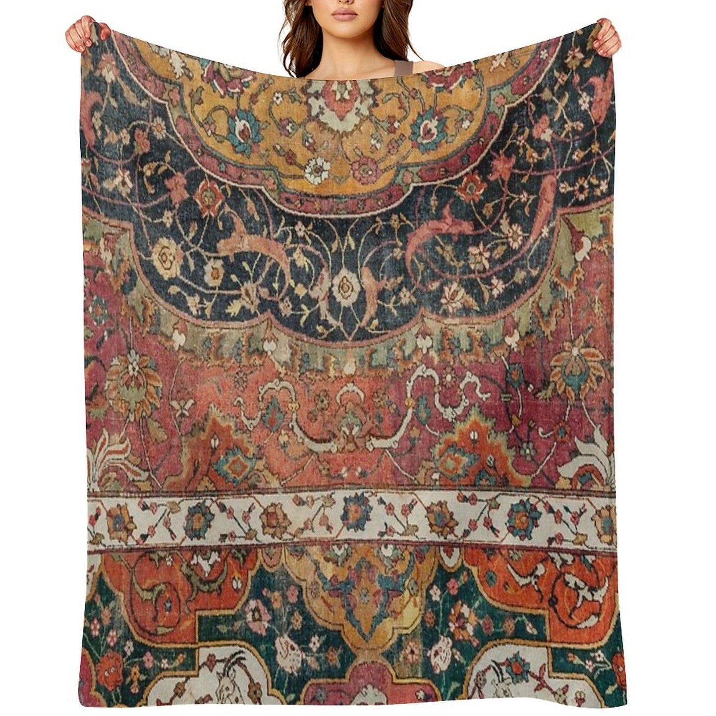 Persian Medallion Rug IX 16th Century Distressed Red Green Blue Flowery Colorful Ornate Pattern Quick-dry Throw Blanket
