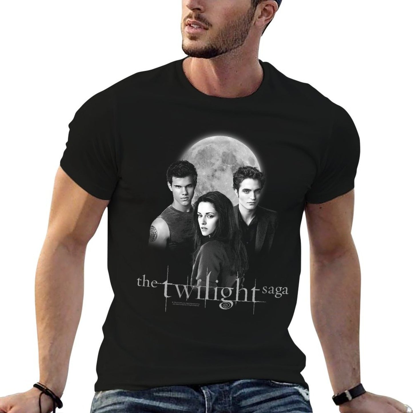 Womens Twilight Saga Black & White Photo Jacob, Bella, Edward Movie Fade-proof Color T-Shirt