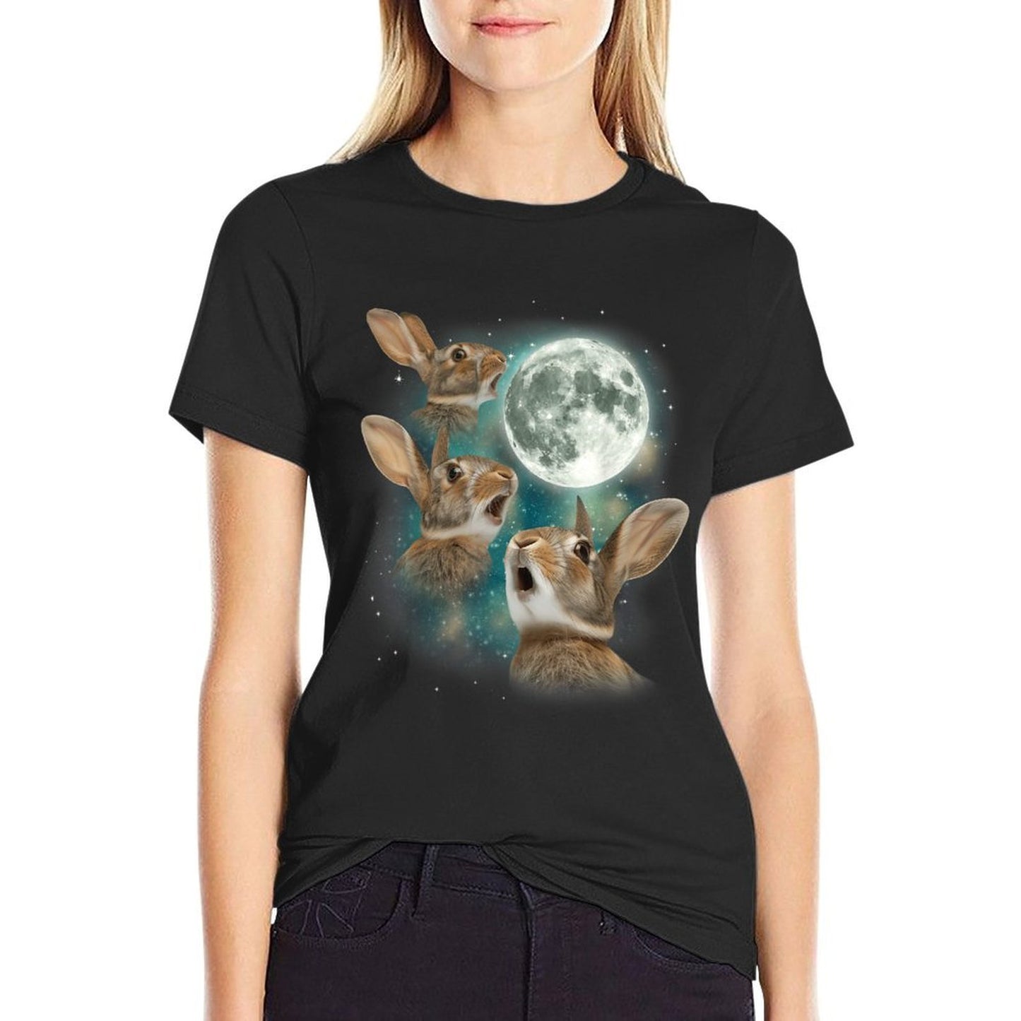 Three Bunny Moon 3 Rabbit Meme Humorous Cute Wildlife High-quality Stitching T-Shirt