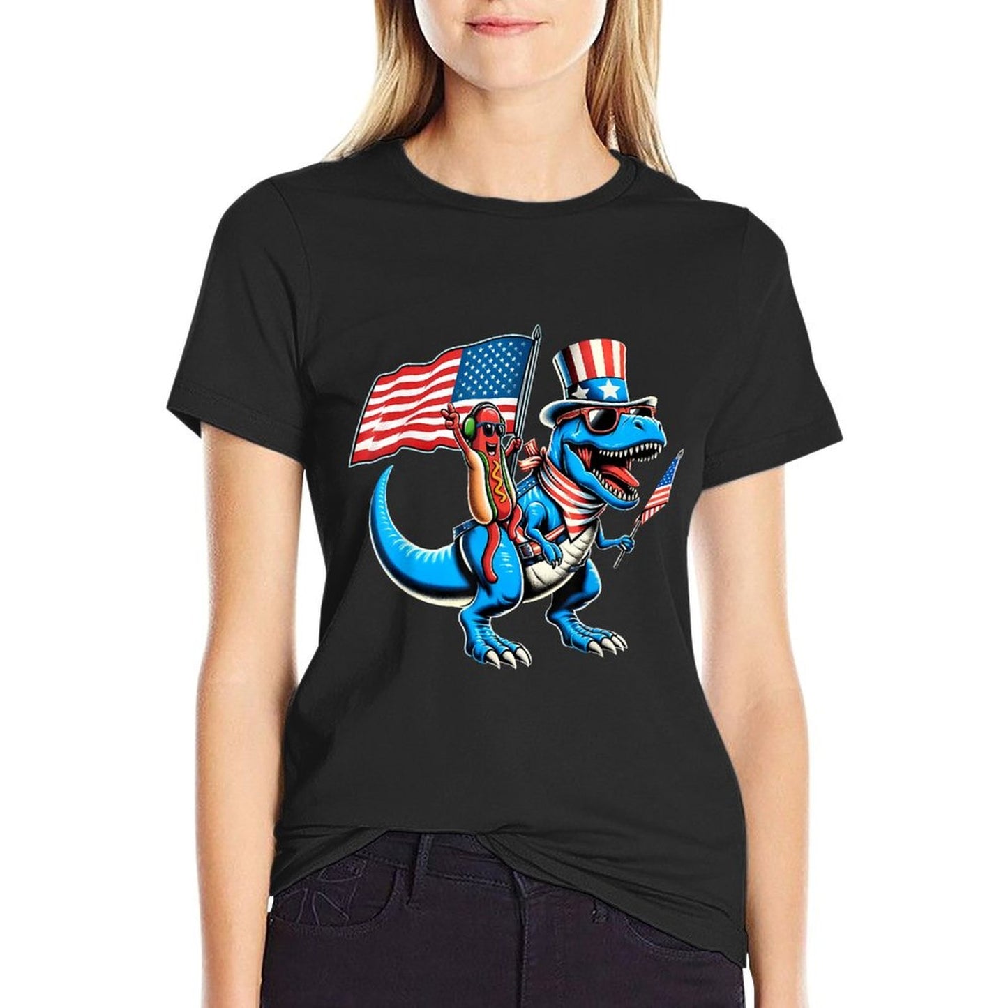 Hotdog TRex Dinosaur 4th of July Amerisaurus Toddler Boy Kid Ribbed Collar T-Shirt