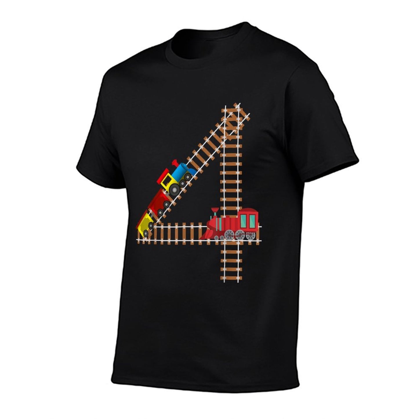 Kids 4th Birthday Train Boys Girls Fun 4 Year Old Train Ribbed Collar T-Shirt