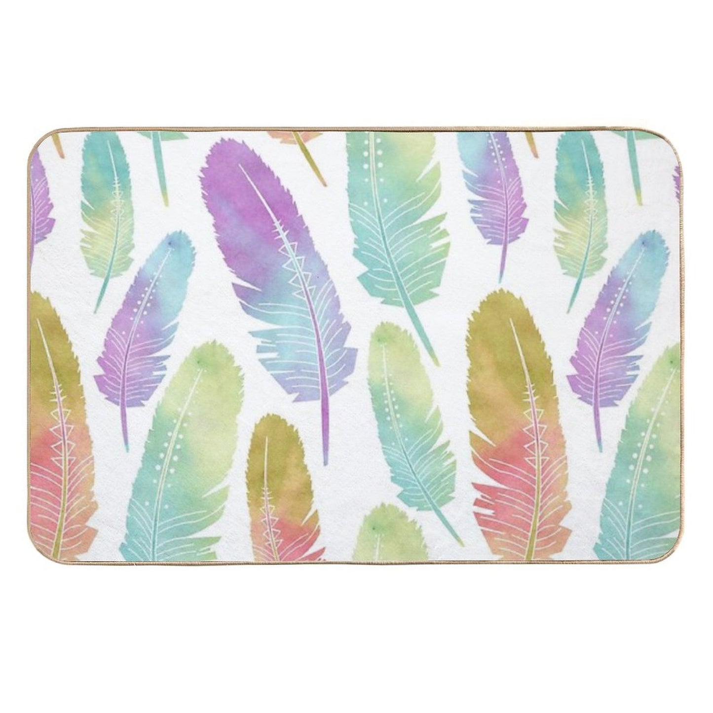 Boho Feather Pattern Watercolor Rainbow Non-Slip Bath Mat