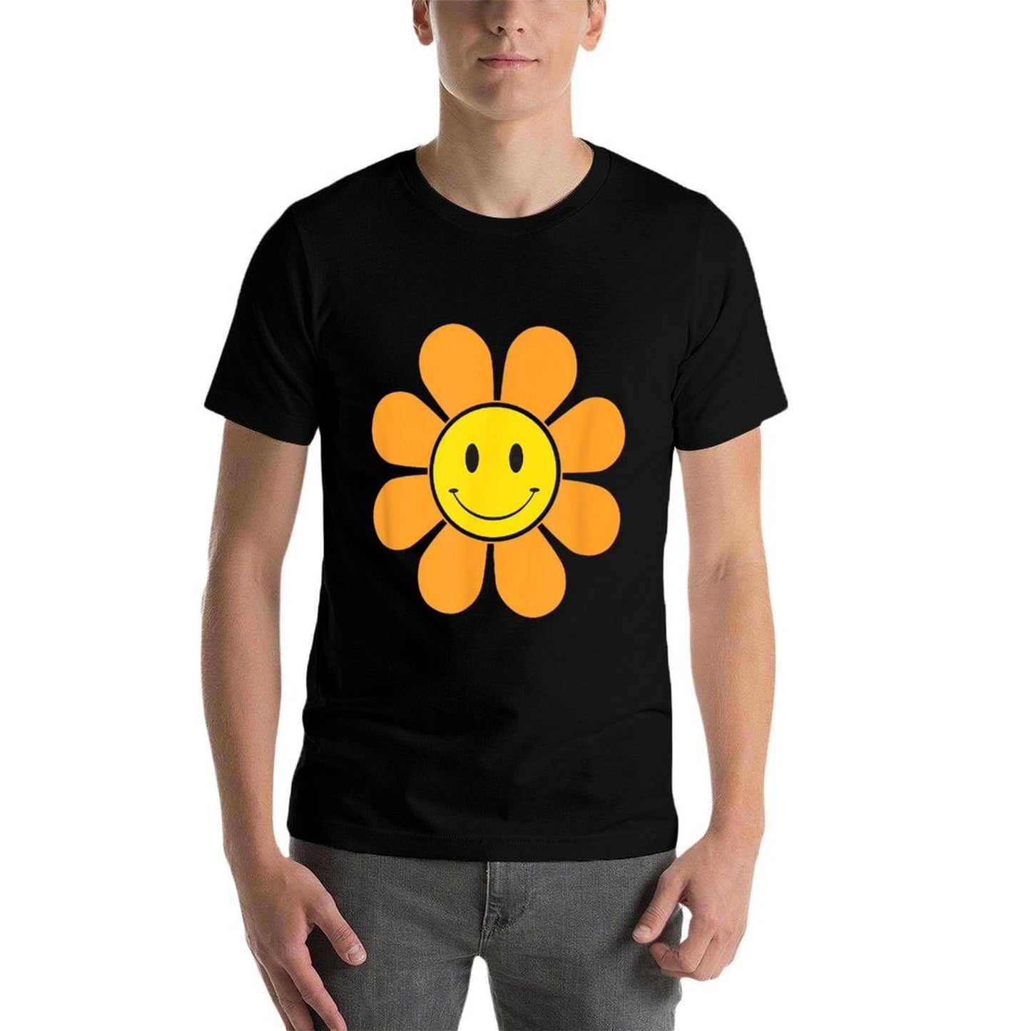 Orange 70s Retro Flower with A Yellow Smiling Face Summer Affordable Price T-Shirt