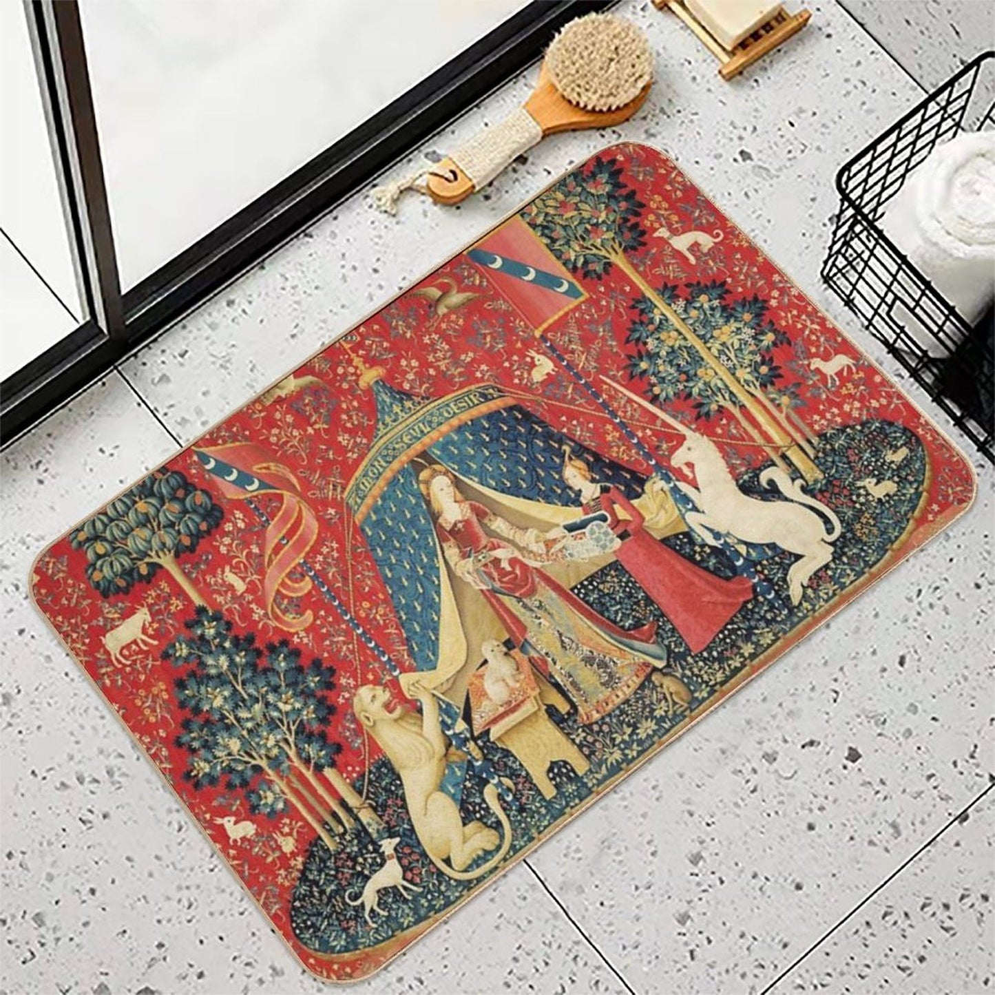 LADY AND THE UNICORN DESIRE ,Lion,Fantasy Flowers,Animals,Red Green Floral Tapestry Eco-Friendly Bath Mat
