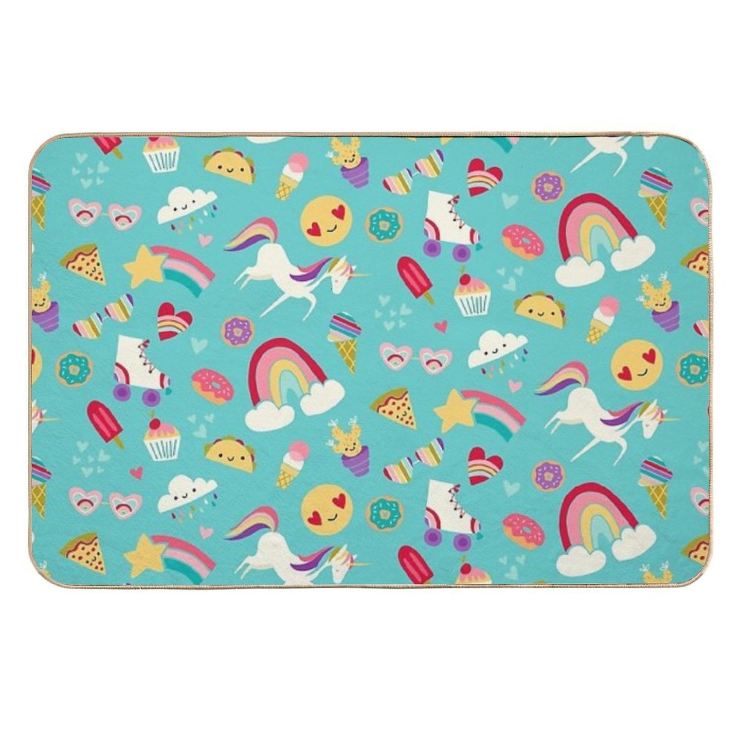 Tween Girl Icons Rainbows Emojis Unicorns Roller Skates Pet-Safe Bath Mat