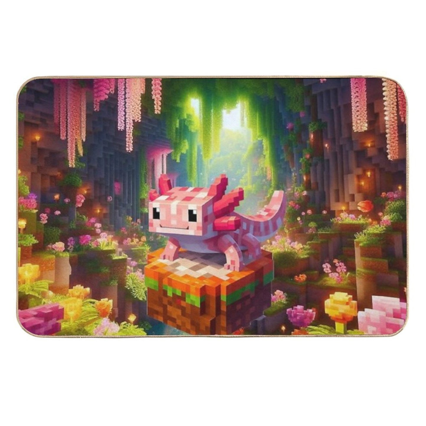 Cute Pink Minecraft Axolotl on Block Slip-Resistant Bath Mat