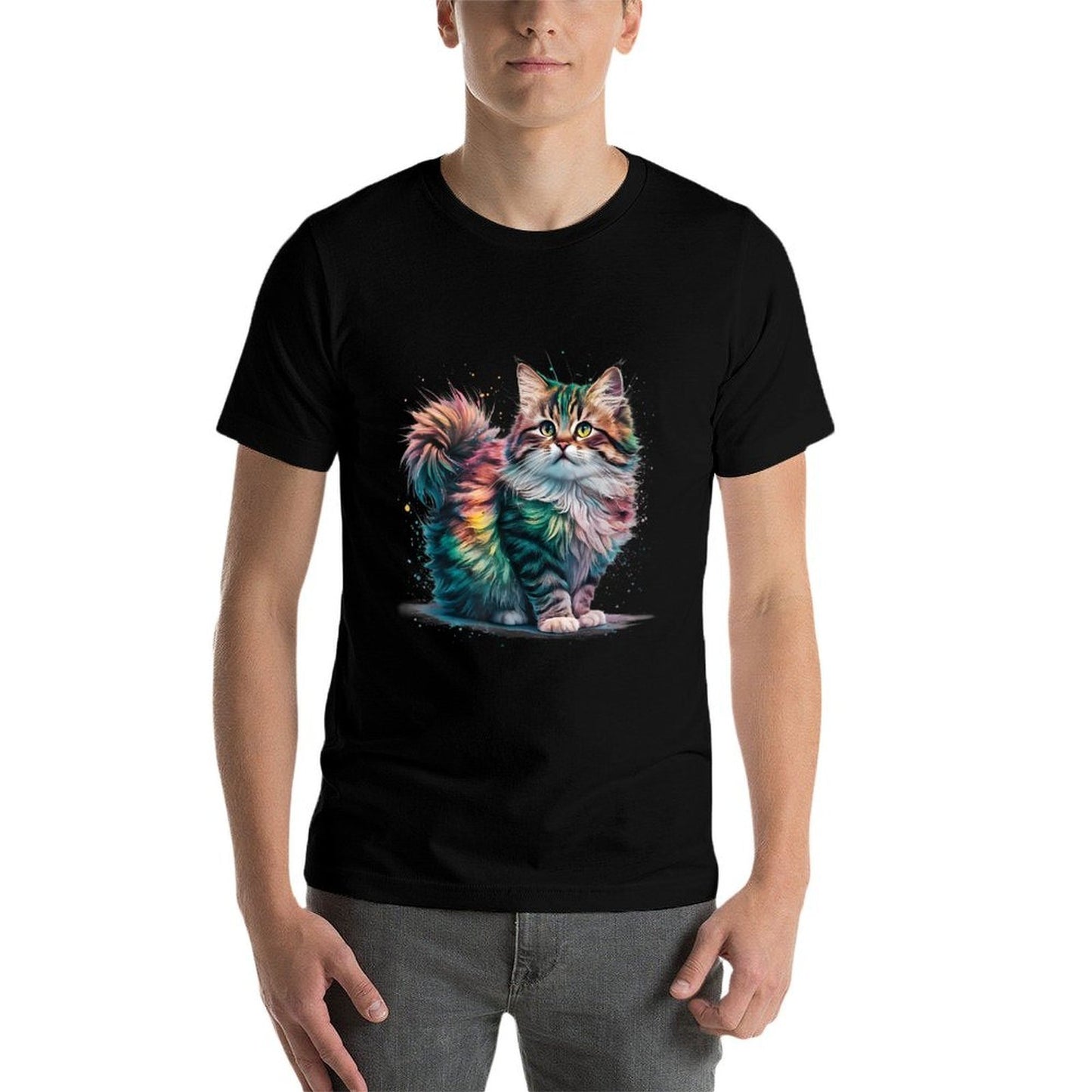 Cat Men Women Colourful Watercolour Cat  Ribbed Collar T-Shirt
