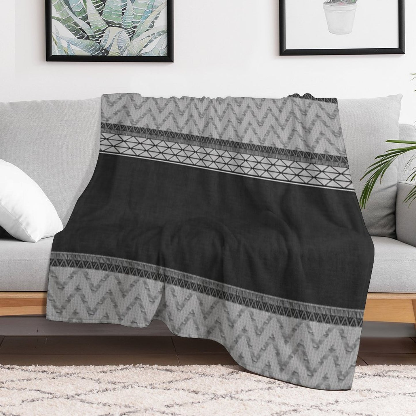 Dutch Wax Border Print in Black & White Machine-washable Throw Blanket